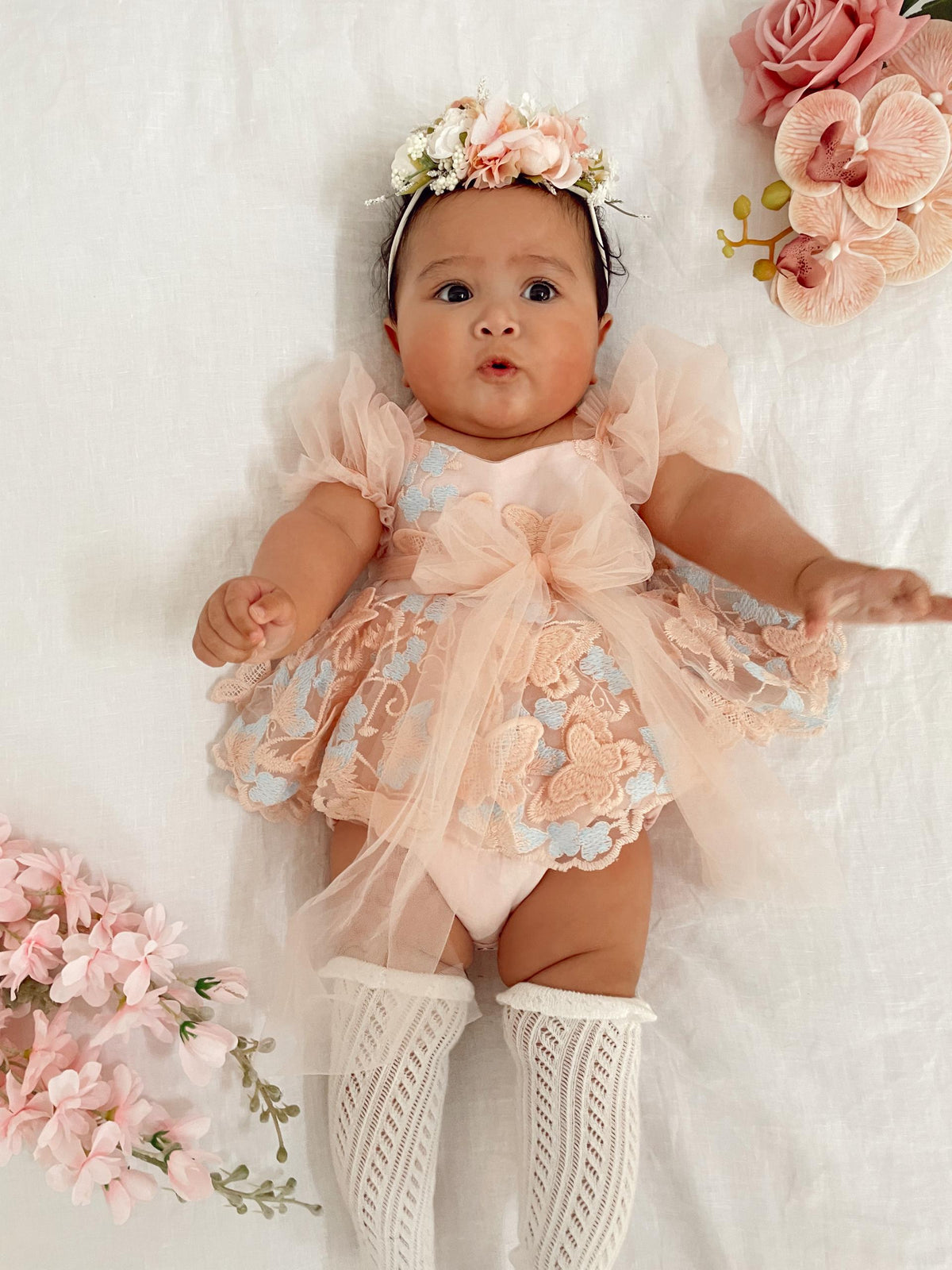 Butterfly Kisses Peach Rose Baby Girl Embroidered Tulle Party Romper
