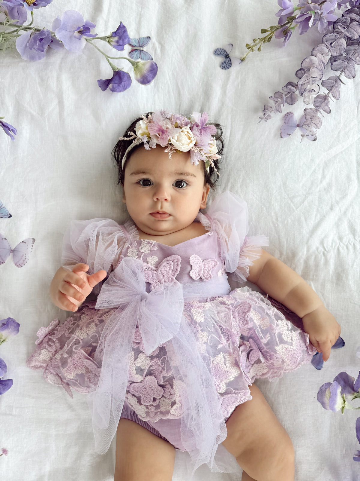 Butterfly Kisses Lilac Pink Rose Embroidered Baby Girl Tulle Party Romper