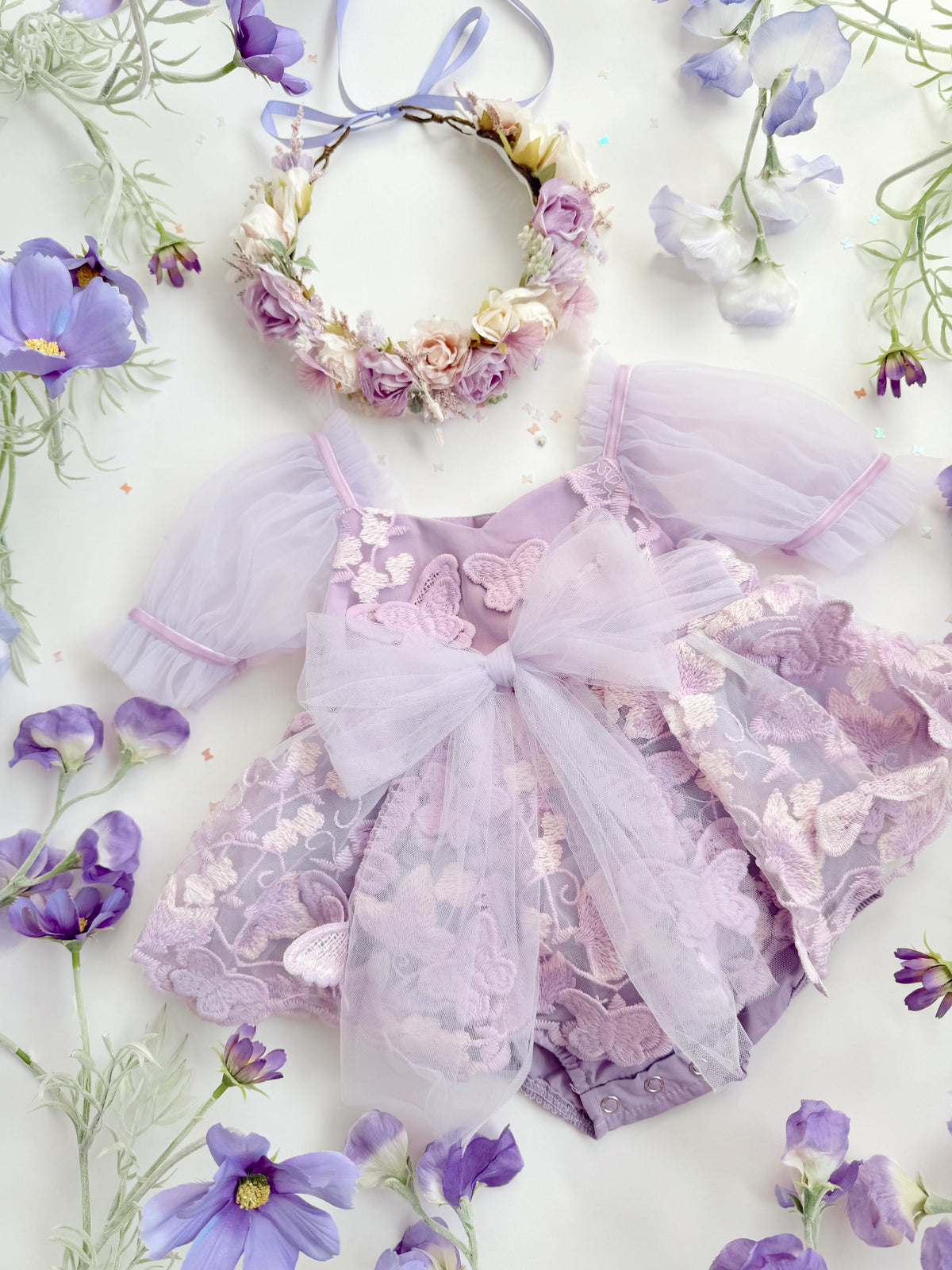 Butterfly Kisses Lilac Pink Rose Embroidered Baby Girl Tulle Party Romper