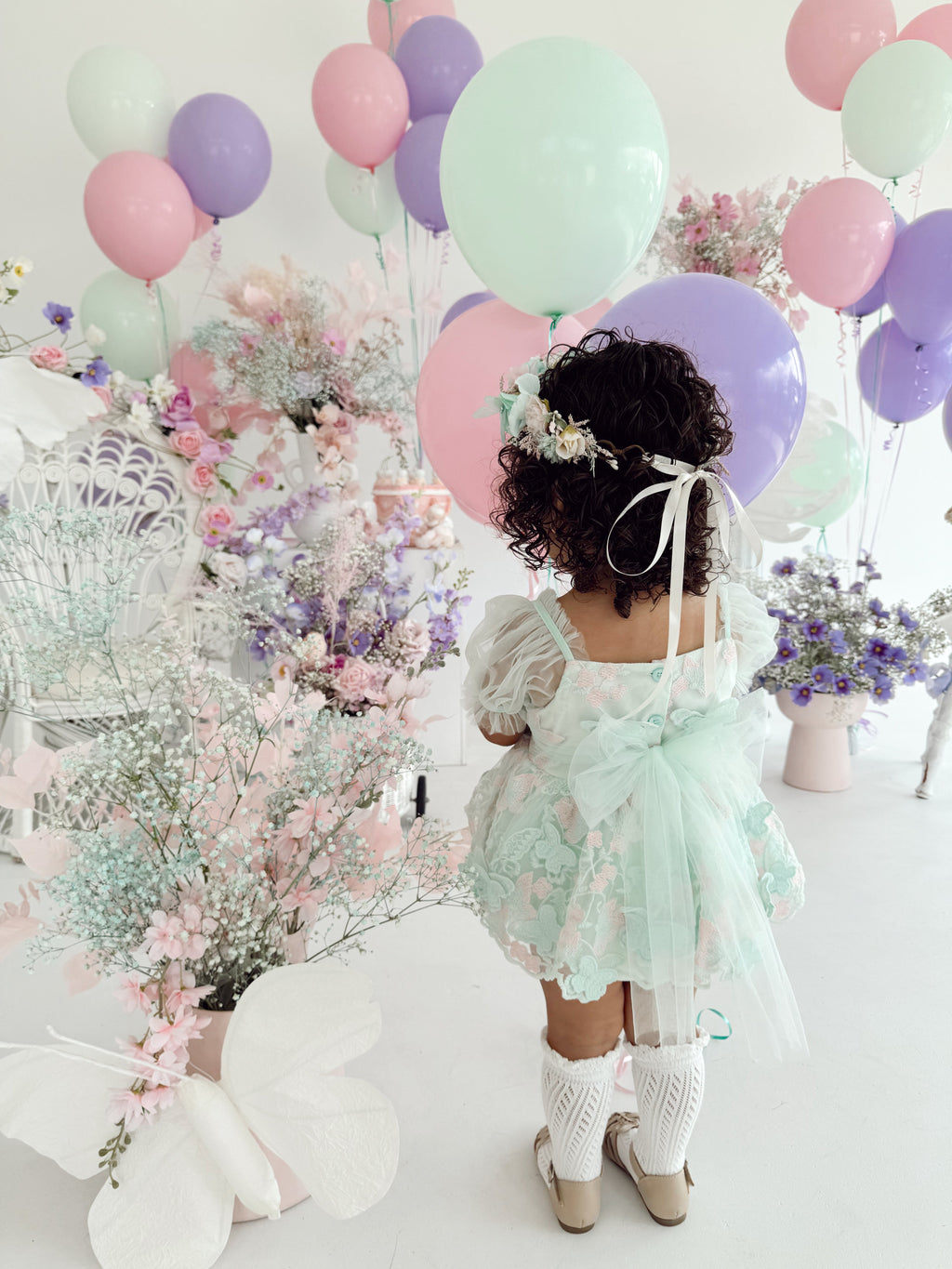 Butterfly Kisses Peppermint Pink Embroidered Baby Girl Tulle Party Romper