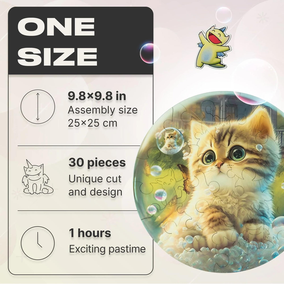 Kitty Bubblezz Round 30 Piece Wooden Jigsaw Puzzle