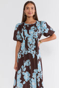 Adeline Brown Floral Pleated Midi Dress
