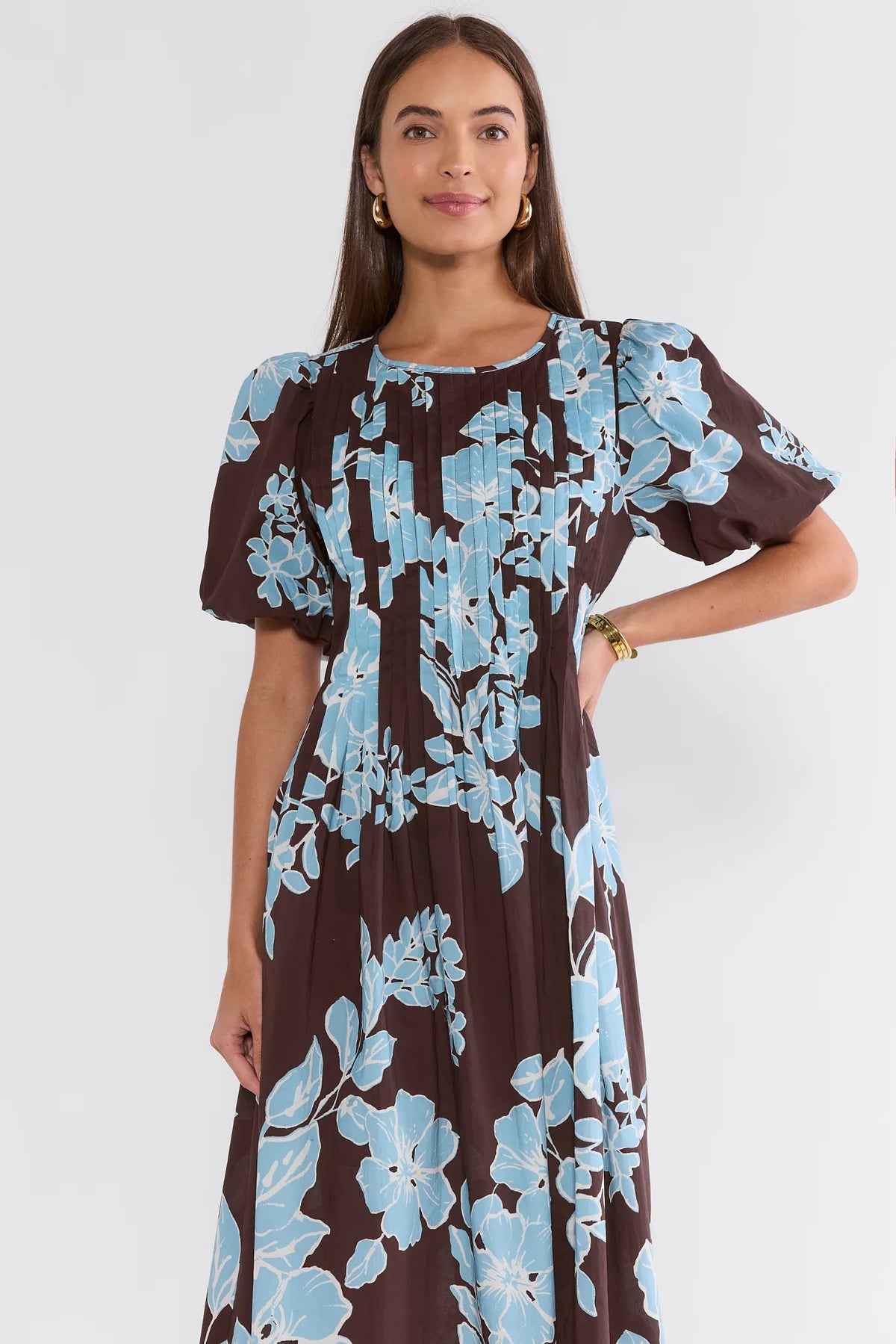 Adeline Brown Floral Pleated Midi Dress