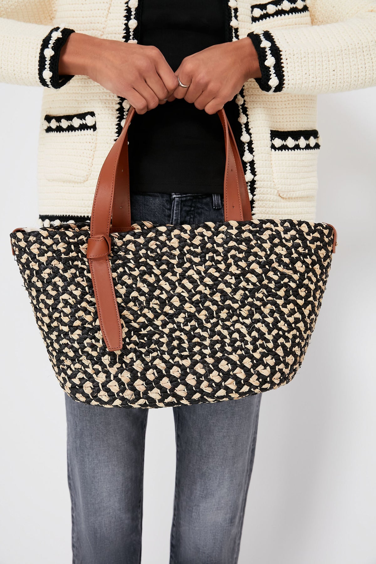 Black Melange Raffia Tote
