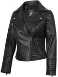 Women's Black Asymmetrical Biker Style Leather Jacket | Padded Detailing