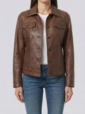 Women's Cognac Brown Leather Trucker Jacket
