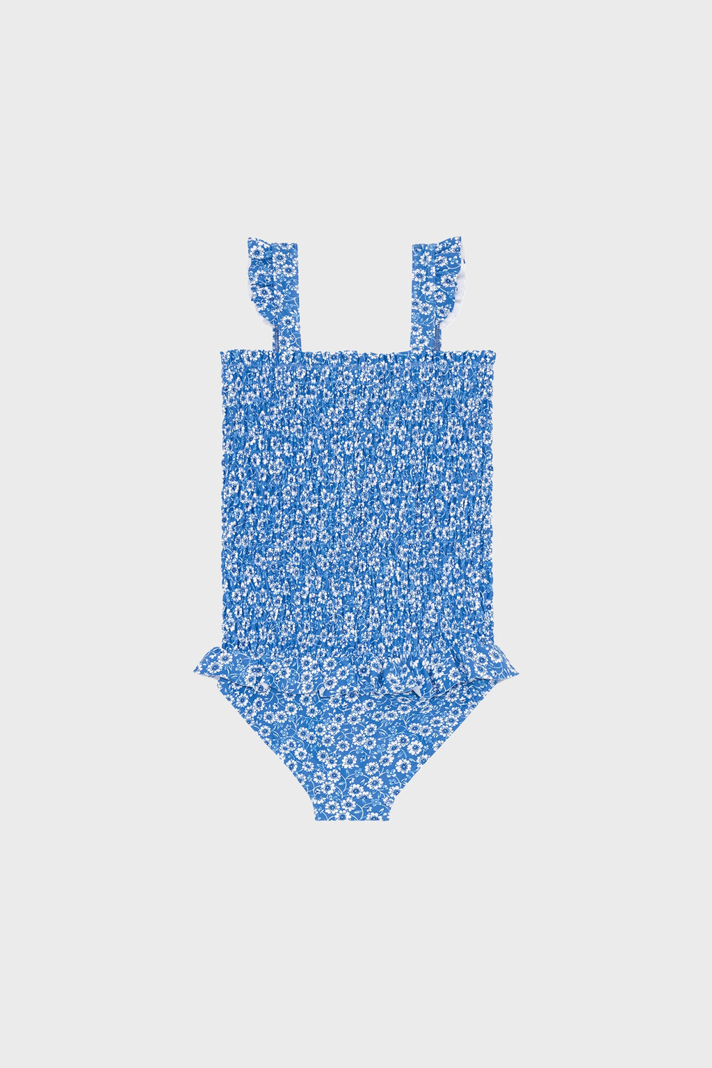 Blue Floral Smocked One Piece with Ruffle Skirt