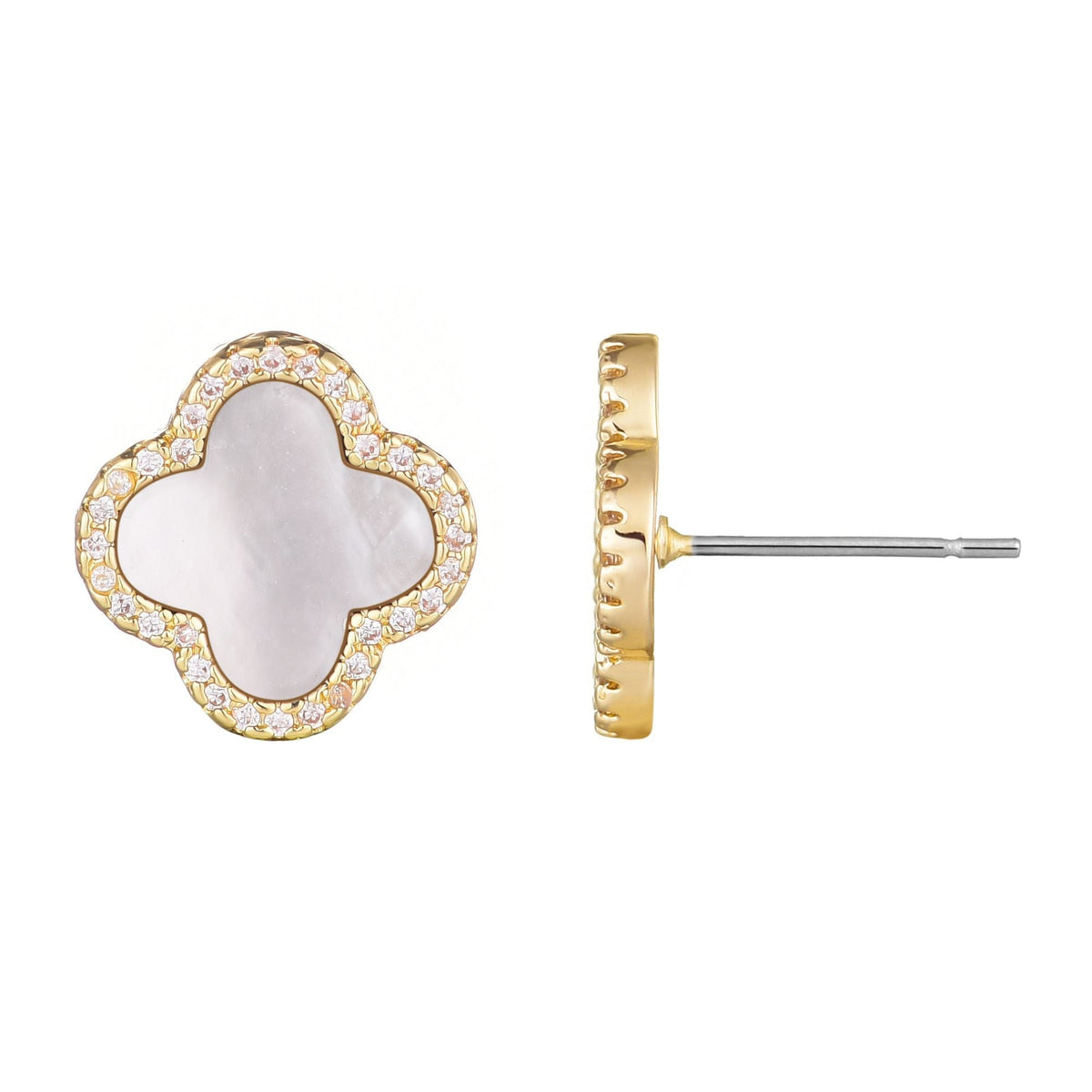 14k Gold Plated Mother of Pearl Halo CZ Clover Stud Earrings