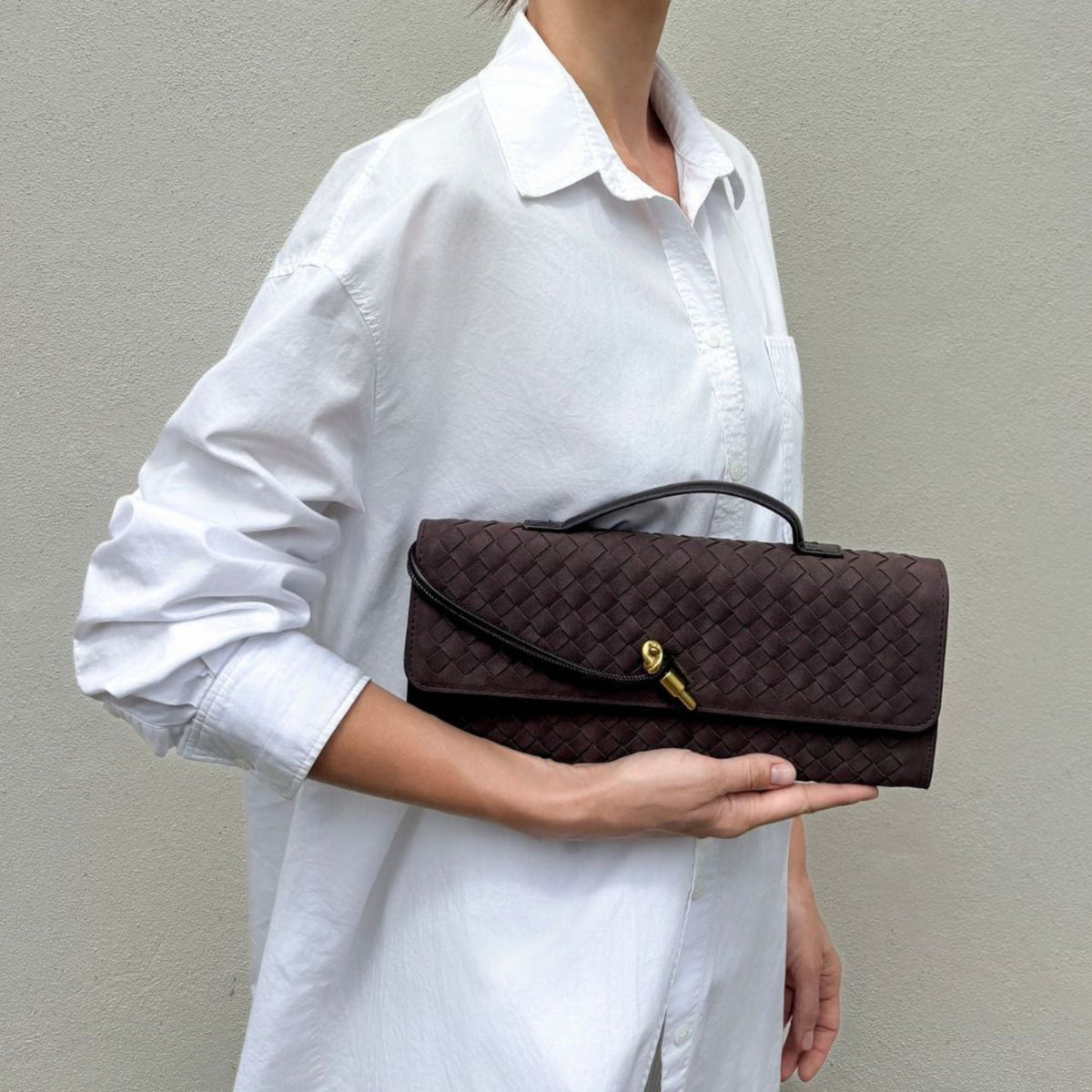 Adornia Suede Dark Brown Woven Baguette Bag