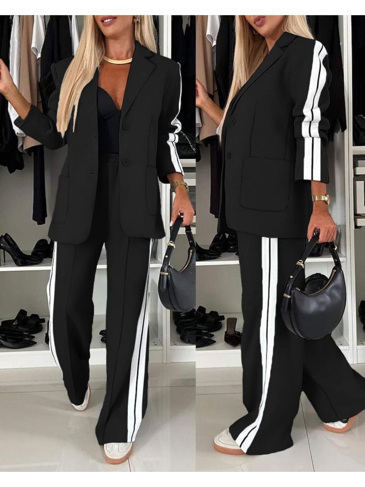 Striped Blazer and Pants Set Women 2pcs Side Button Business Casual Suit with Pockets Office Wear S-XL