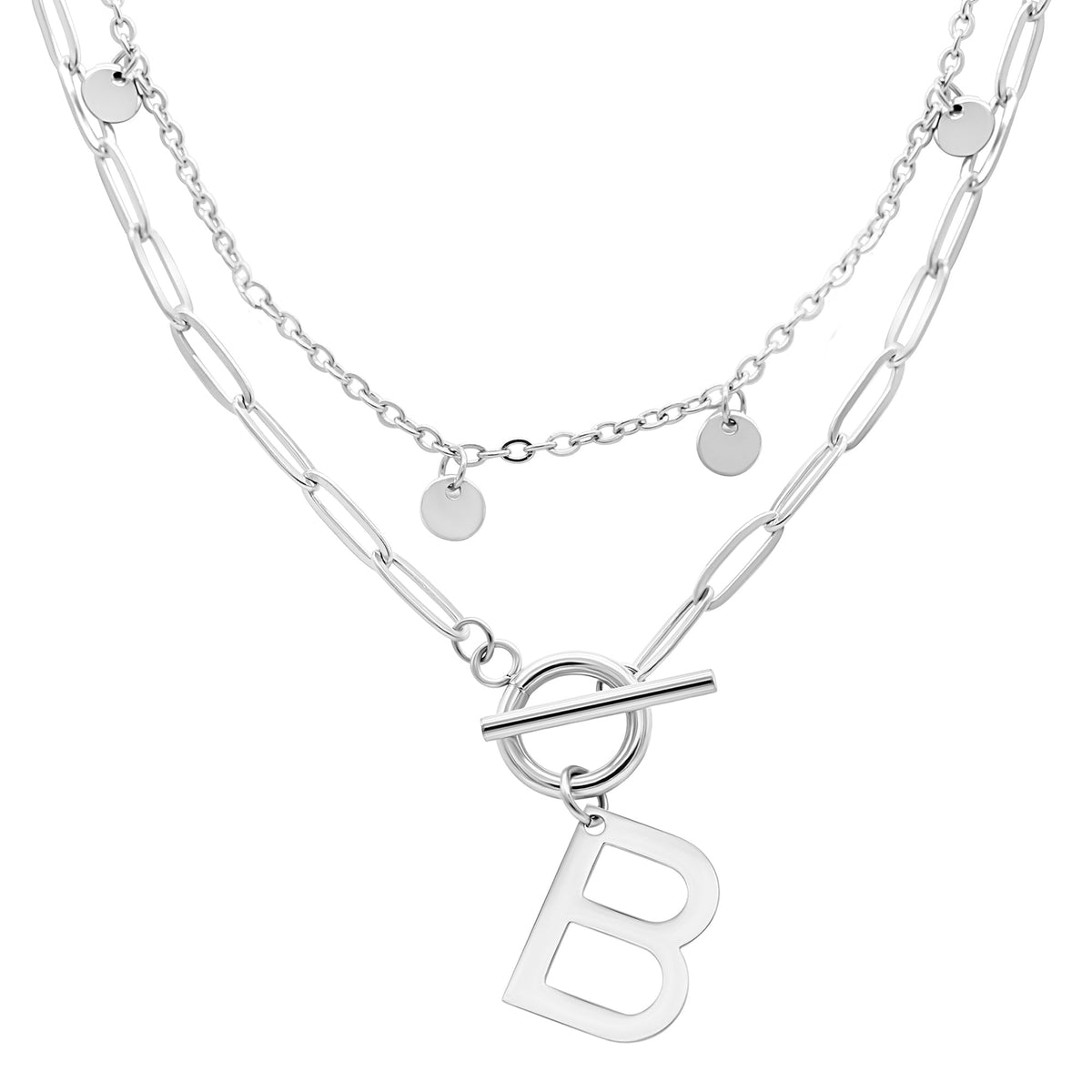 Tarnish Resistant Silver Plated Confetti  and Paperclip Layered Initial Toggle Necklace