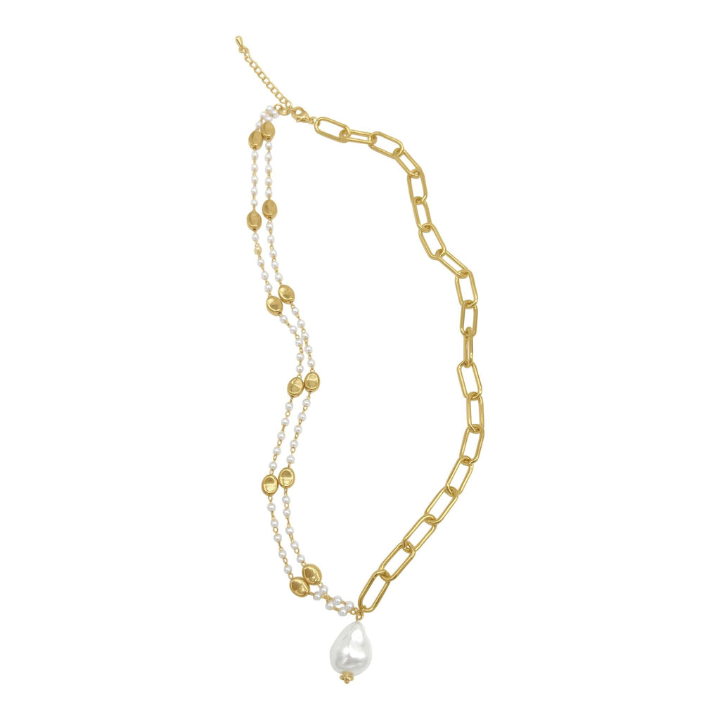 14k Gold Plated Mixed Rosary and Paper Clip Chain Necklace with Freshwater Pearl Drop
