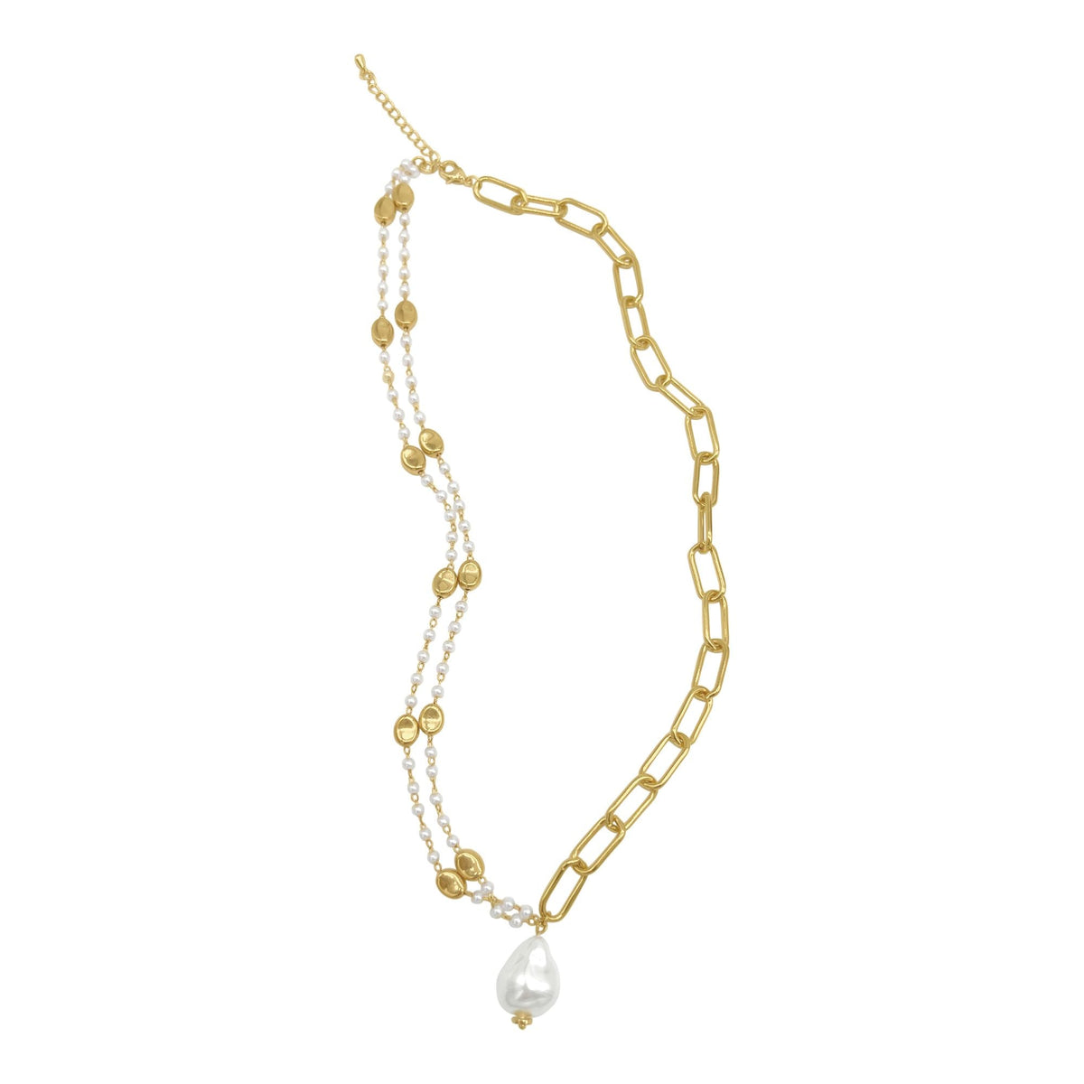 14k Gold Plated Mixed Rosary and Paper Clip Chain Necklace with Freshwater Pearl Drop