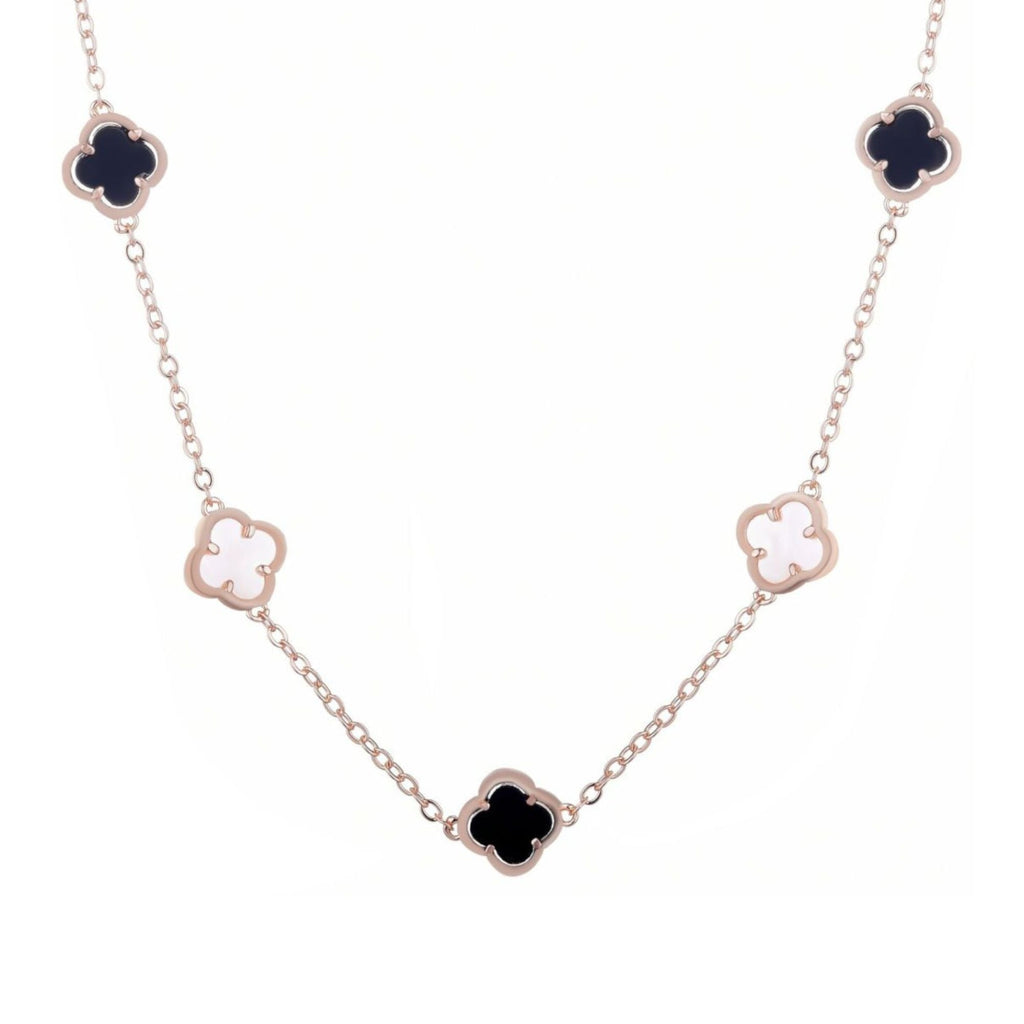 14k Rose Gold Plated Mixed Black and White Clover Station Necklace