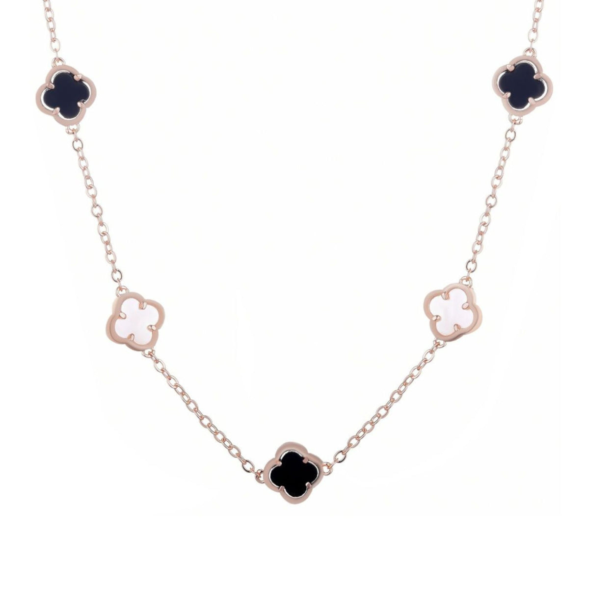 14k Rose Gold Plated Mixed Black and White Clover Station Necklace