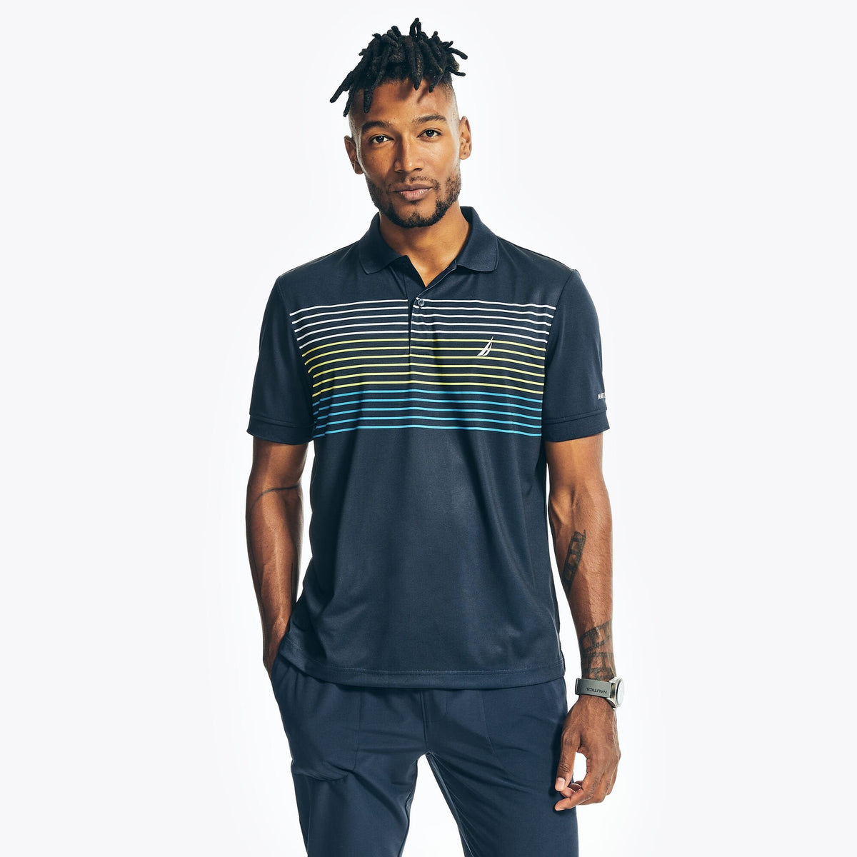 Nautica Mens Sustainably Crafted Navtech Striped Classic Fit Polo