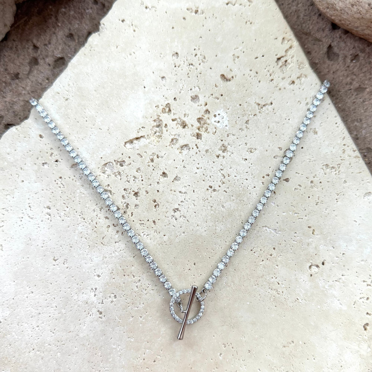 Silver Plated Crystal Toggle Tennis Necklace