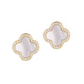 14k Gold Plated Mother of Pearl Halo CZ Clover Stud Earrings