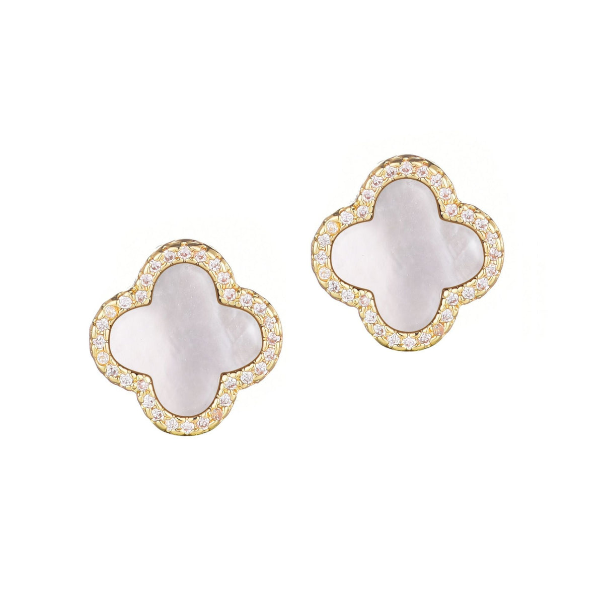 14k Gold Plated Mother of Pearl Halo CZ Clover Stud Earrings