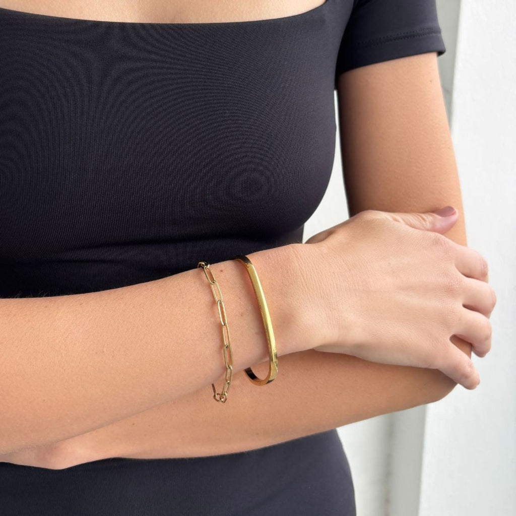 Tarnish Resistant 18k Gold Plated Rectangular Cuff and Paper Clip Chain Bracelet Set
