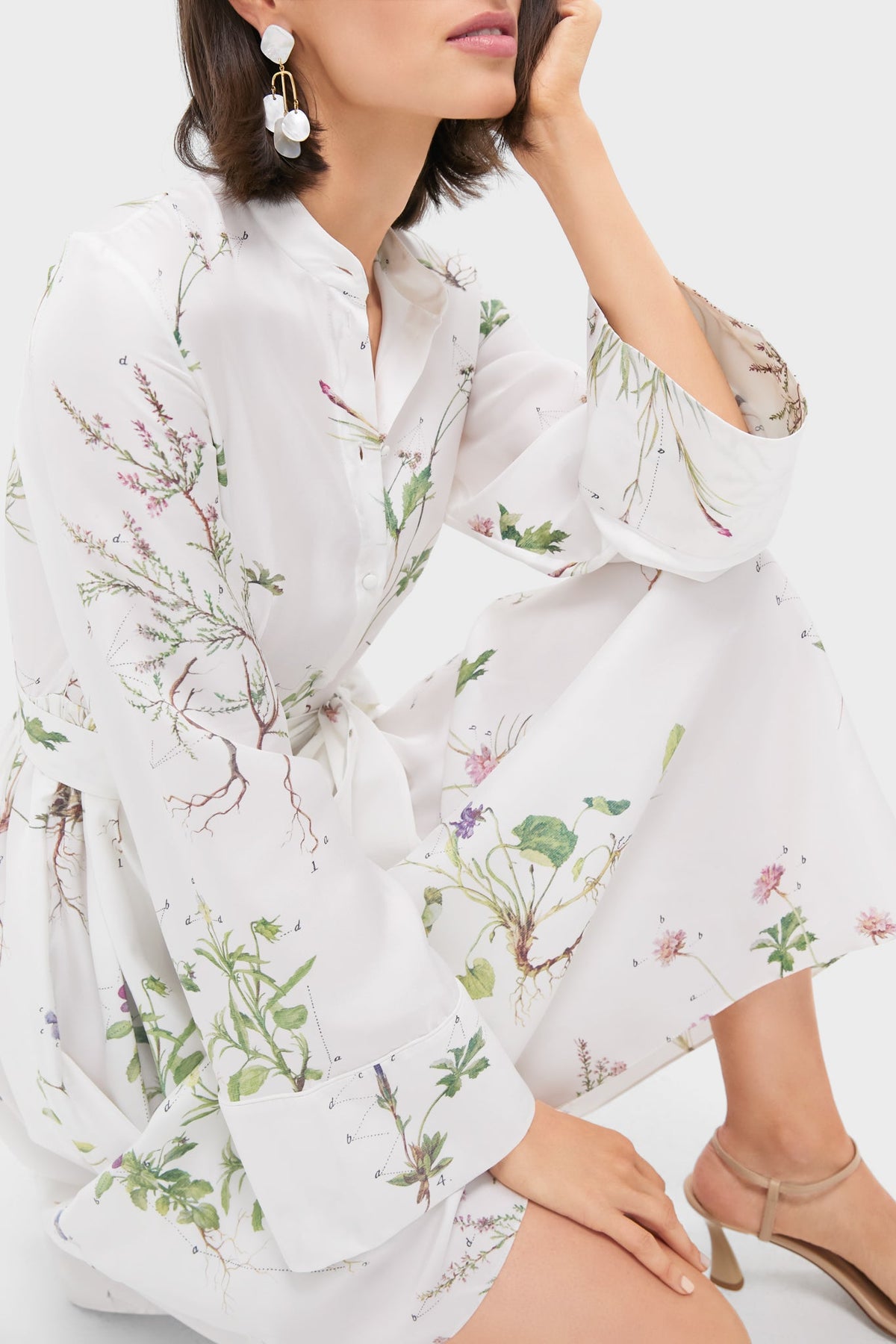 Botanical Garden White Long Sleeve Tie Waist Midi Dress