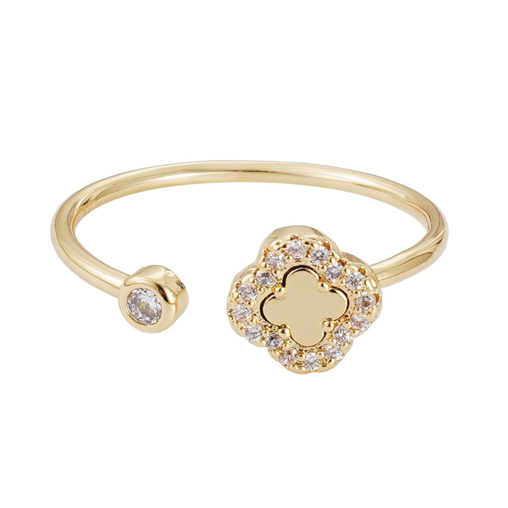 14k Gold Plated CZ Open Band Clover Ring