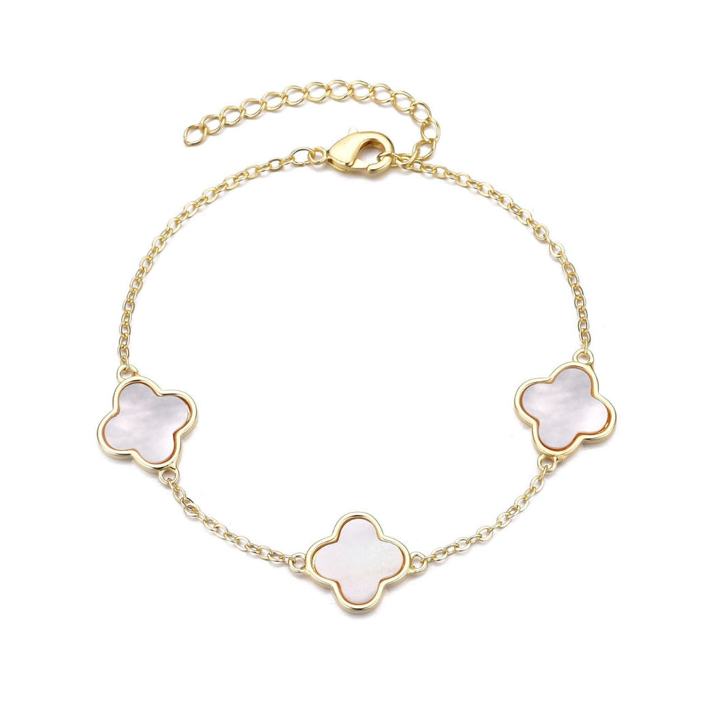 14k Yellow Gold Plated White Mother of Pearl Clover Station Bracelet