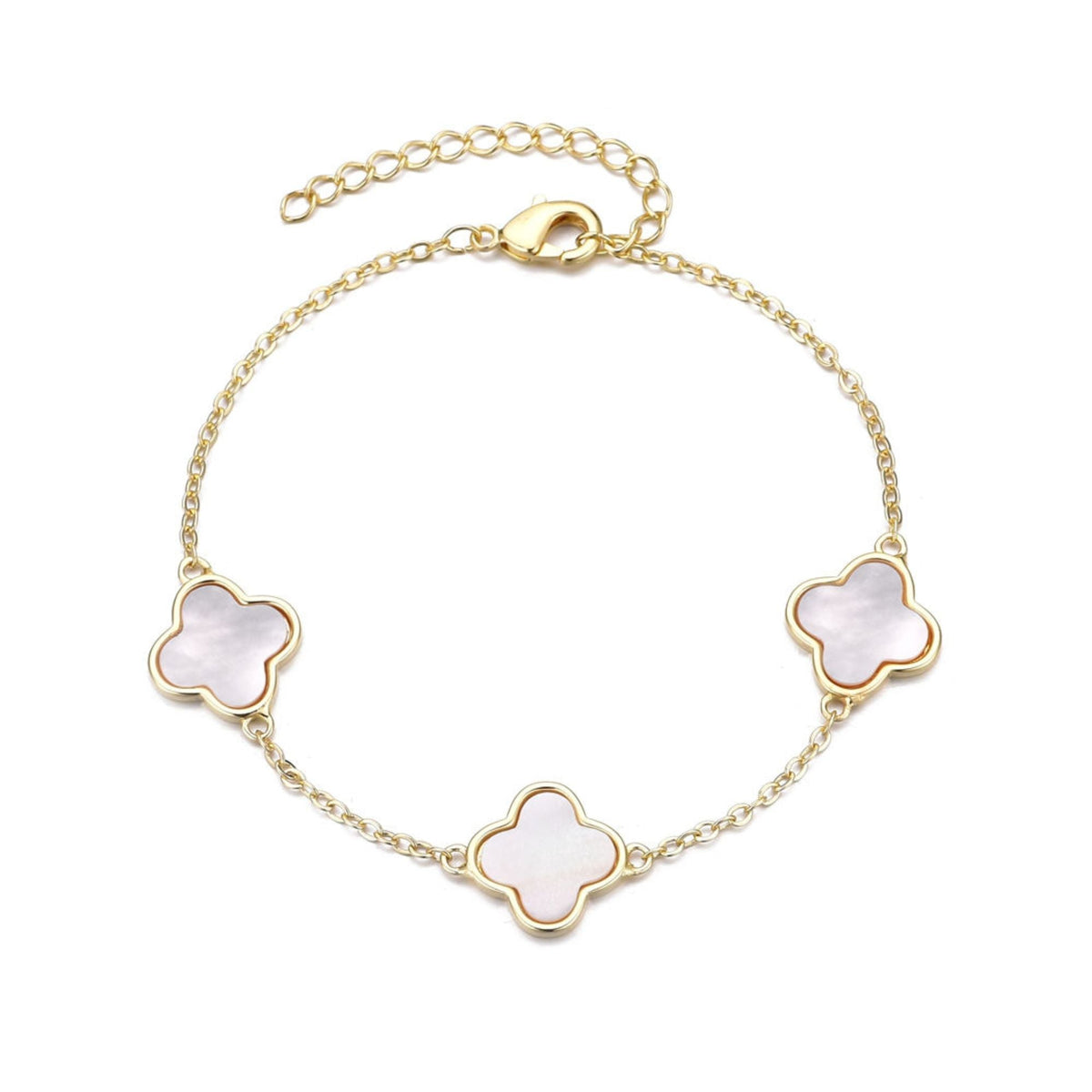 14k Yellow Gold Plated White Mother of Pearl Clover Station Bracelet