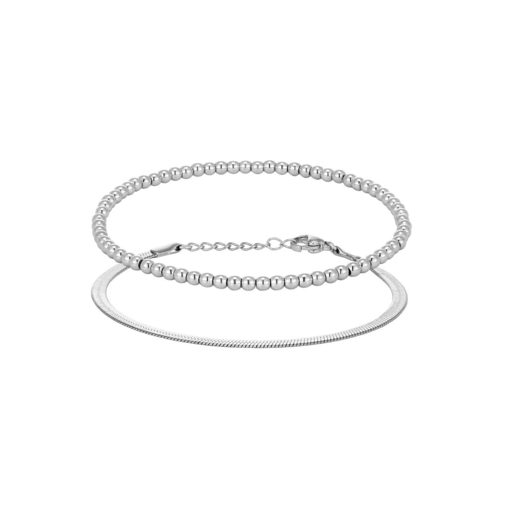 Tarnish Resistant Silver Herringbone and Beaded Bracelet Set