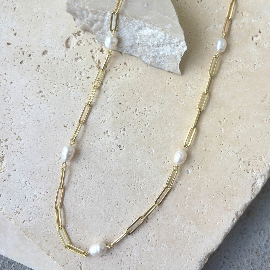 14k Gold Plated Freshwater Pearl Station Paper Clip Chain Necklace
