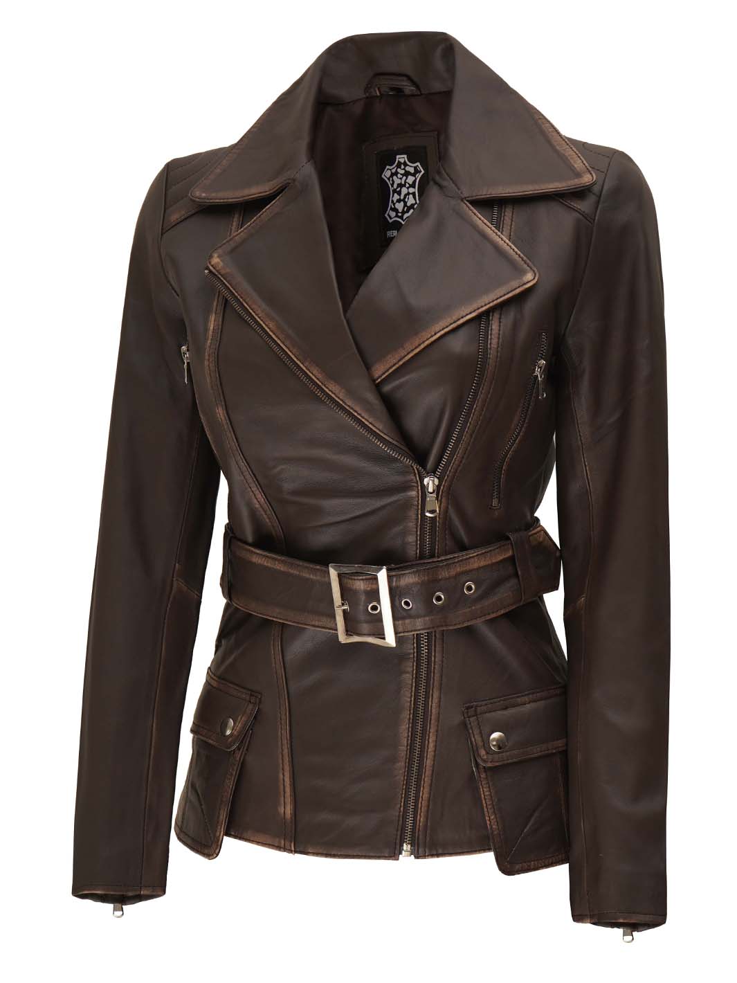Women's Distressed Brown Asymmetrical Leather Biker Style Jacket