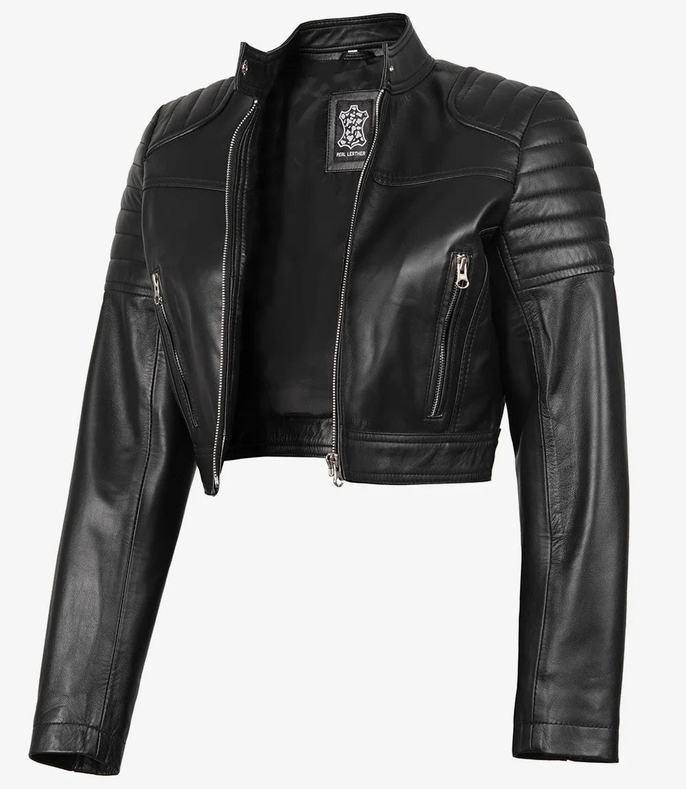 Women's Black Cropped Biker Style Leather Jacket