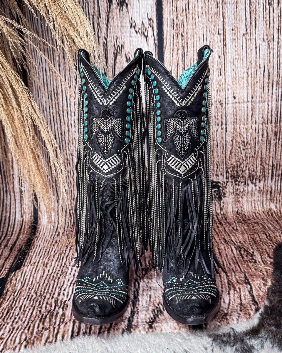 Blackridge Stampede Fringe Snip Toe Boots in Black by Corral