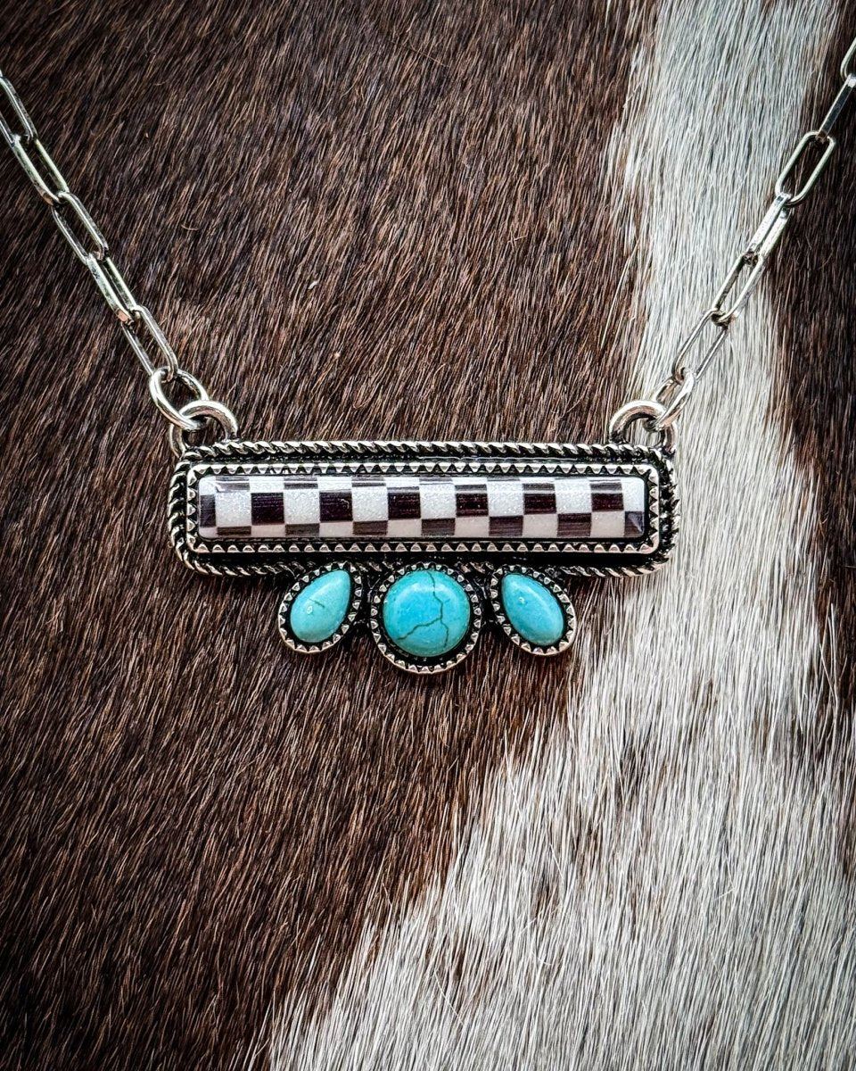 Blue Ribbon Checkered Fashion Bar Necklace