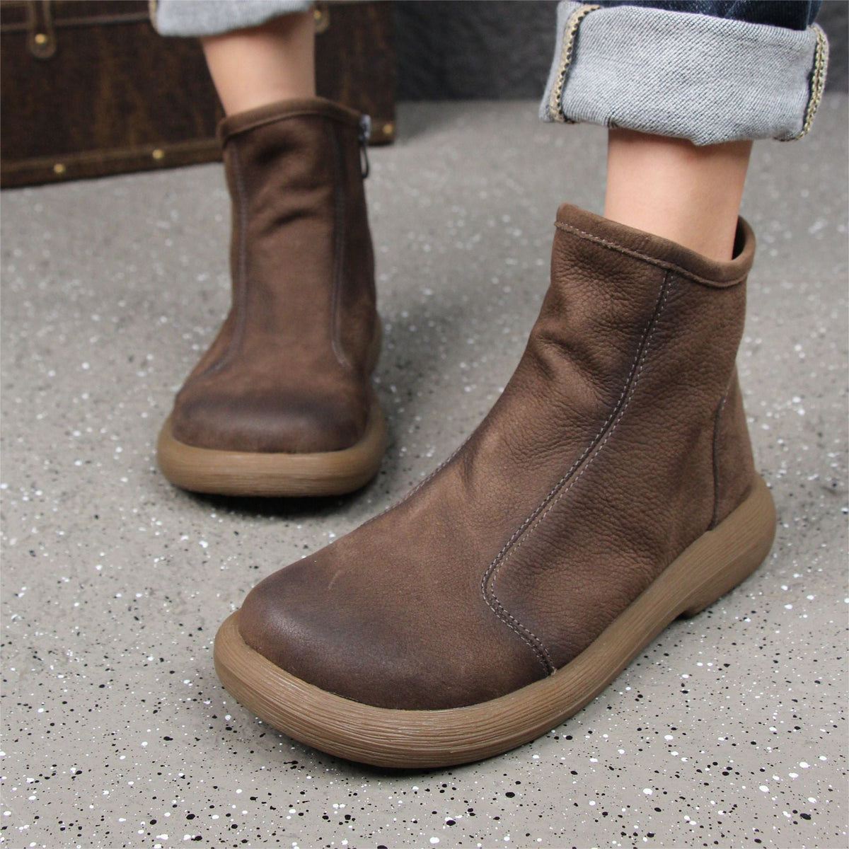 Retro Leather Ankle Boots for Women Flat Shoes Side Zipper in Gray/Coffee/Black