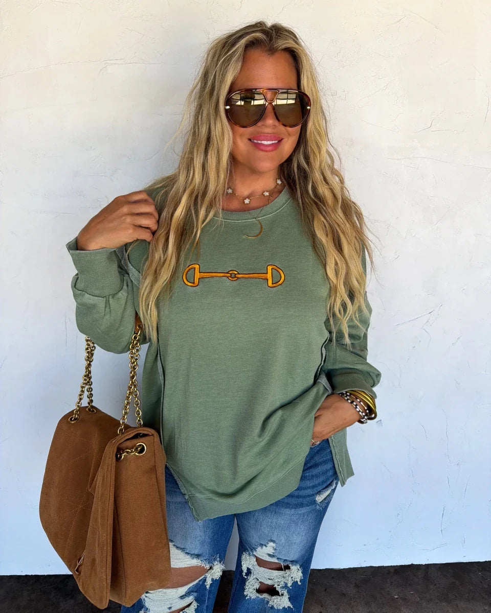 Bridle Path Embroidered Pullover in Sage