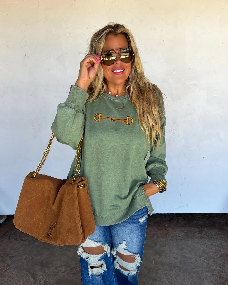 Bridle Path Embroidered Pullover in Sage