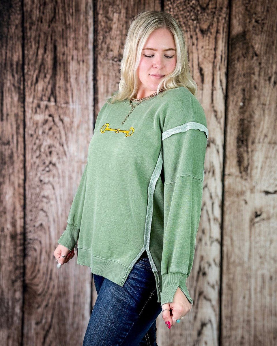 Bridle Path Embroidered Pullover in Sage