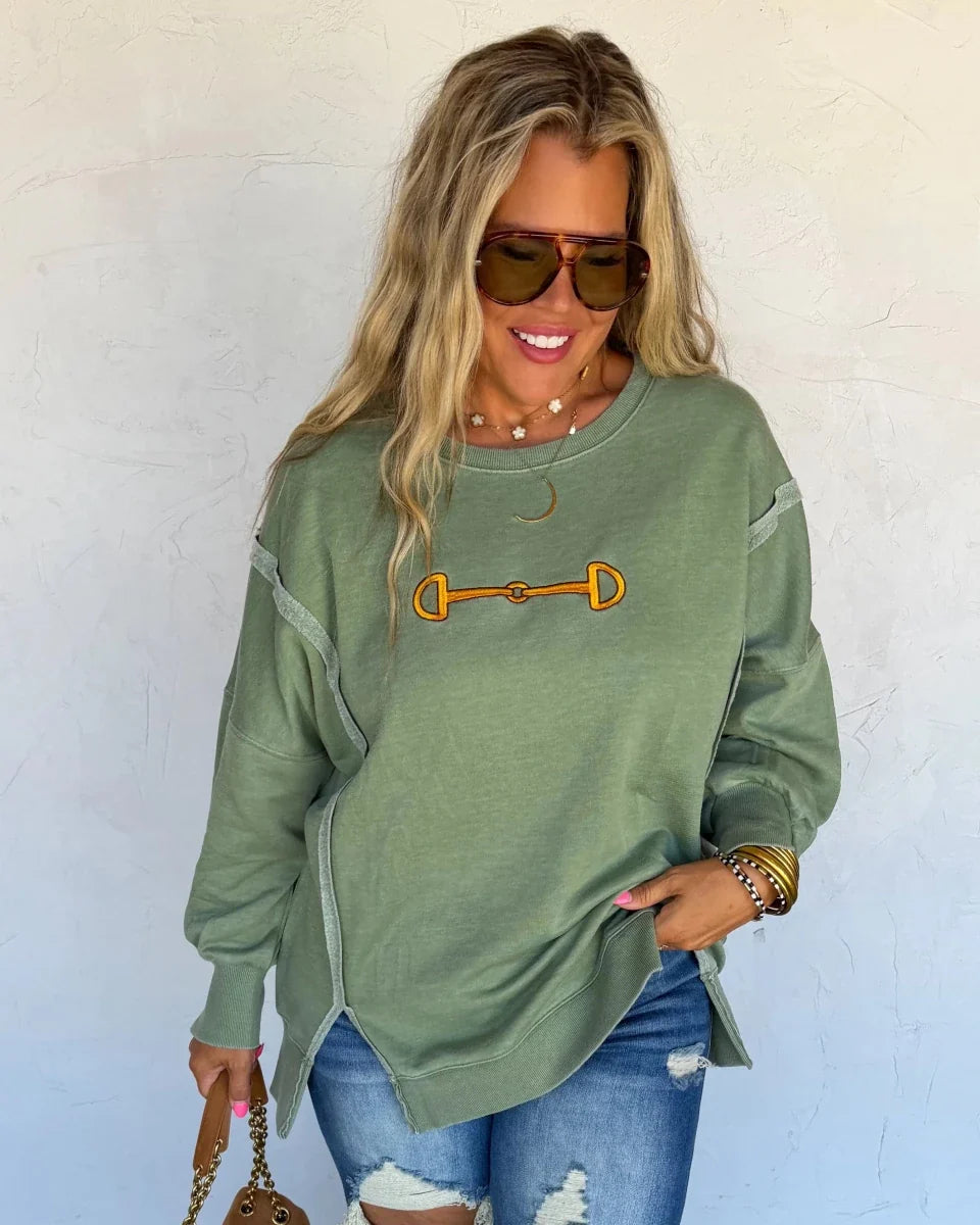 Bridle Path Embroidered Pullover in Sage