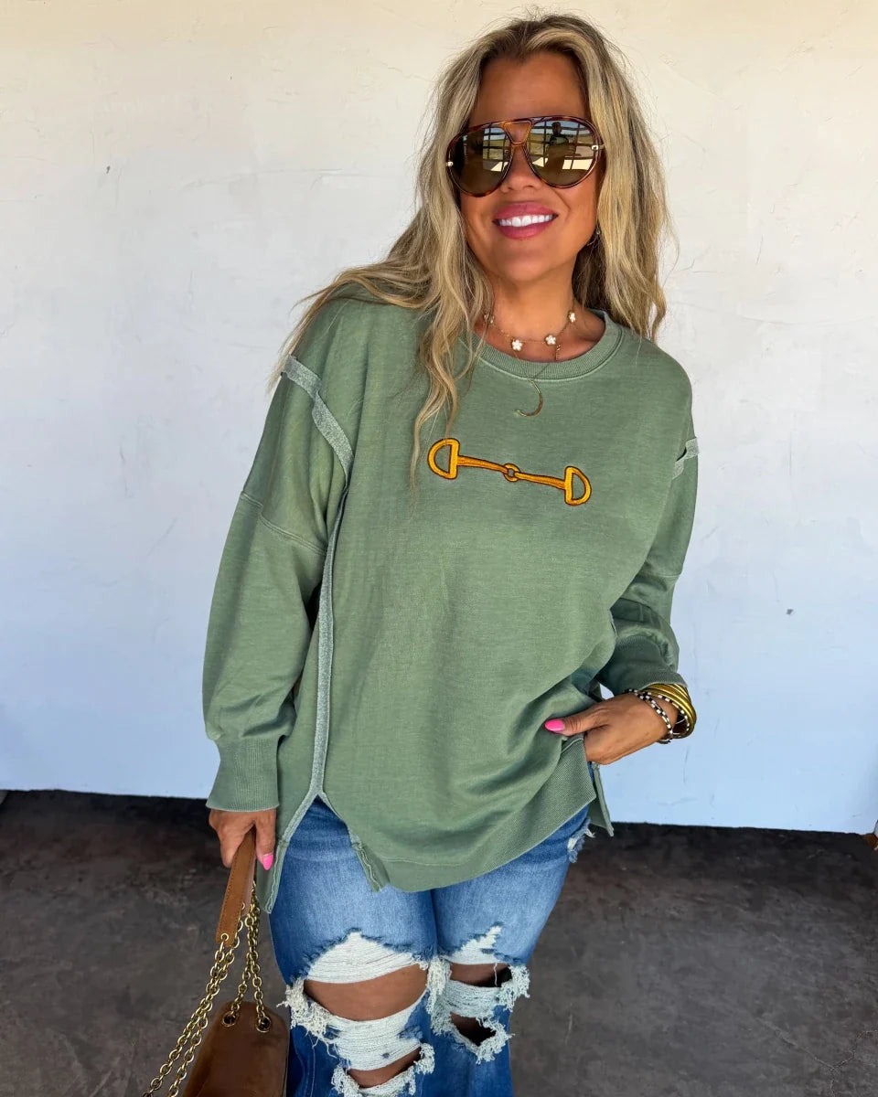 Bridle Path Embroidered Pullover in Sage