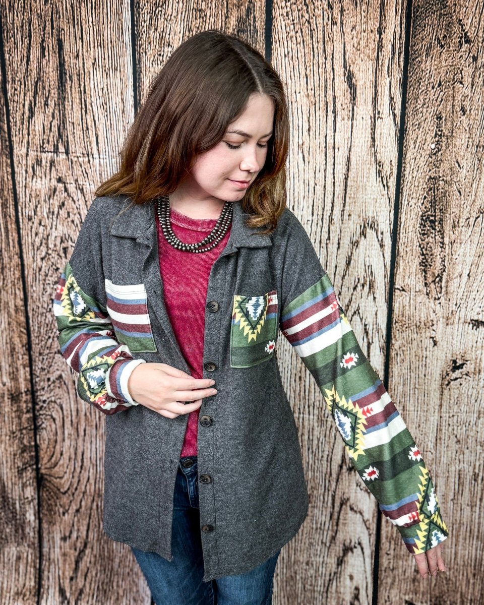 Bristol Aztec Sleeve Button Down Shacket in Charcoal