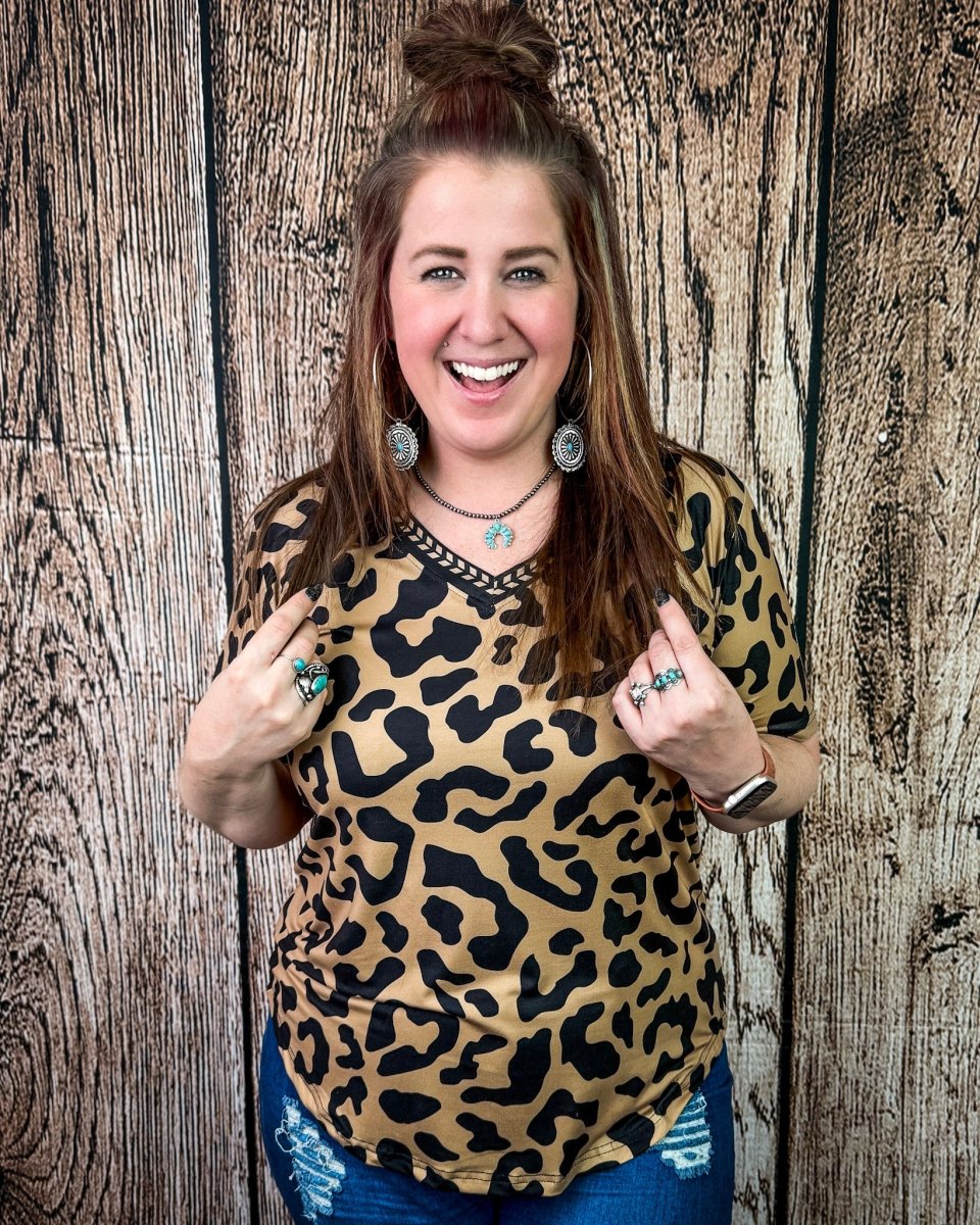 Buckstitch Leopard V Neck Top by Sterling Kreek