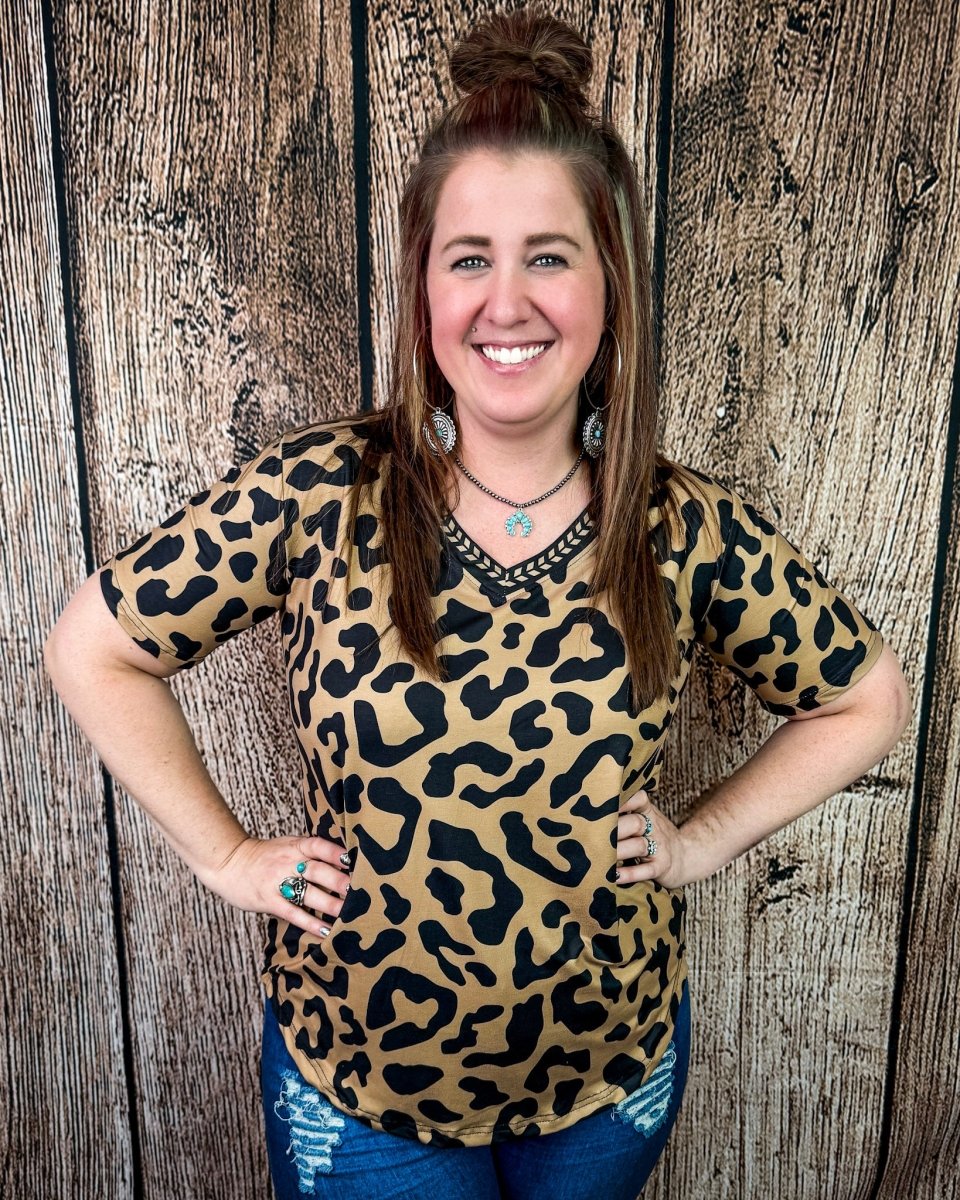 Buckstitch Leopard V Neck Top by Sterling Kreek