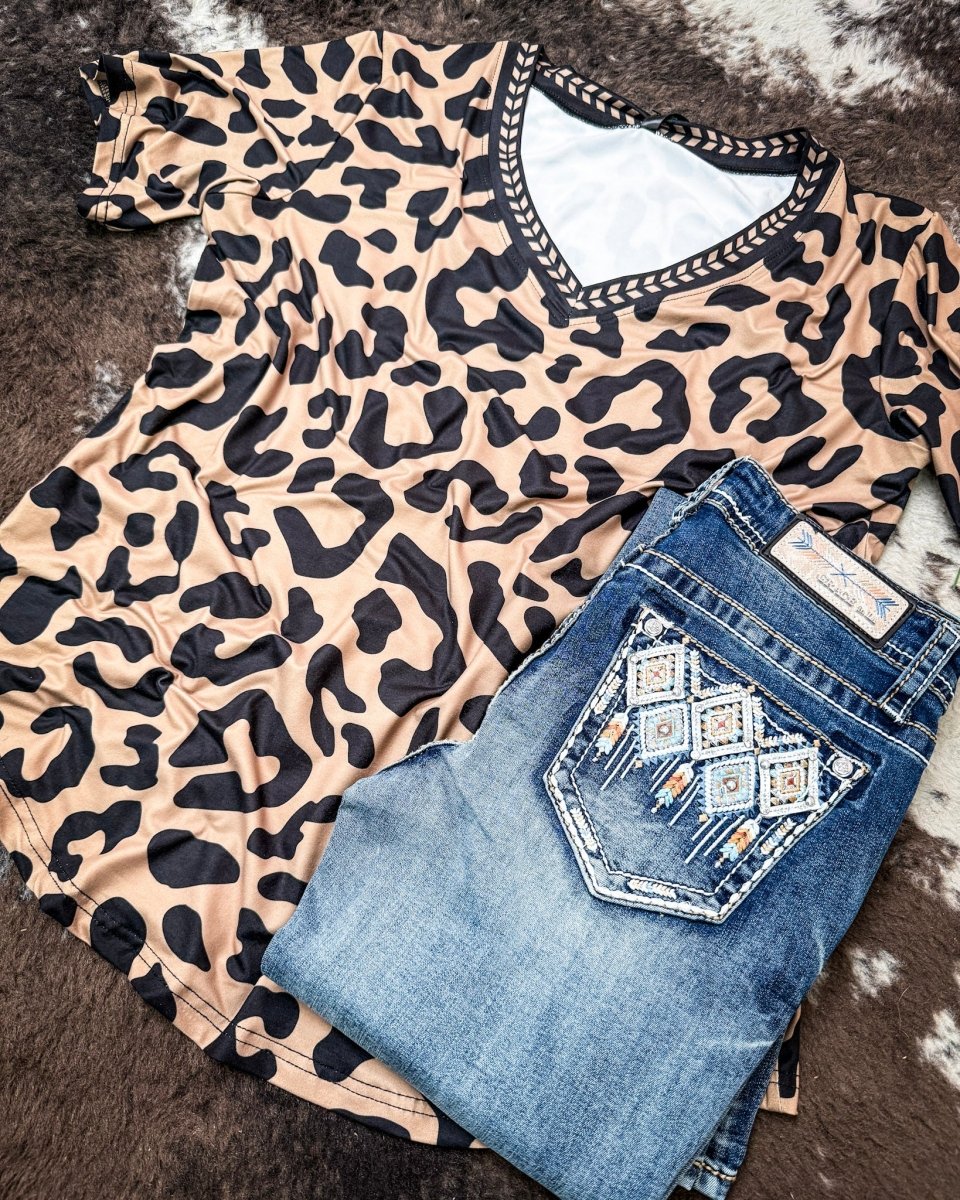 Buckstitch Leopard V Neck Top by Sterling Kreek