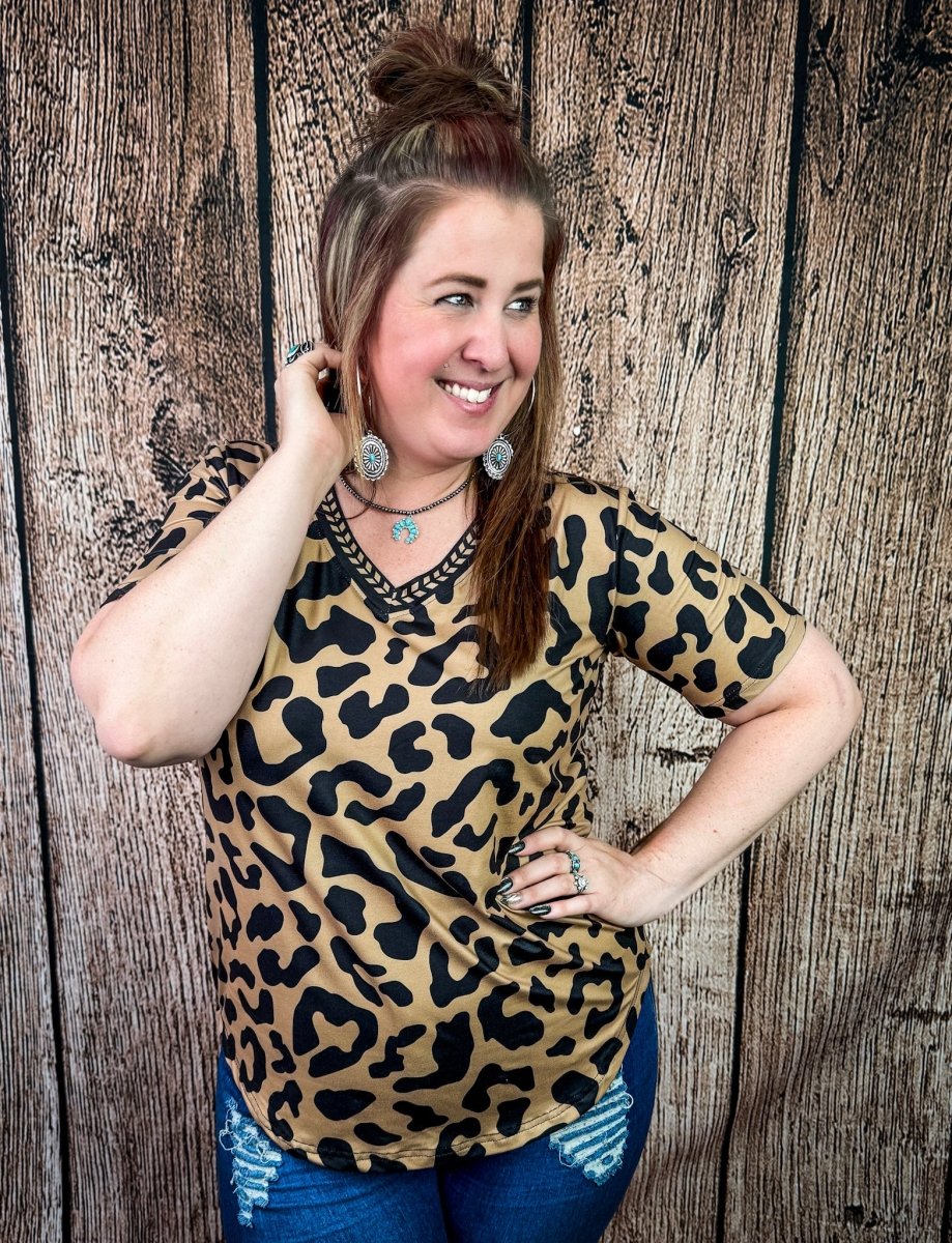 Buckstitch Leopard V Neck Top by Sterling Kreek