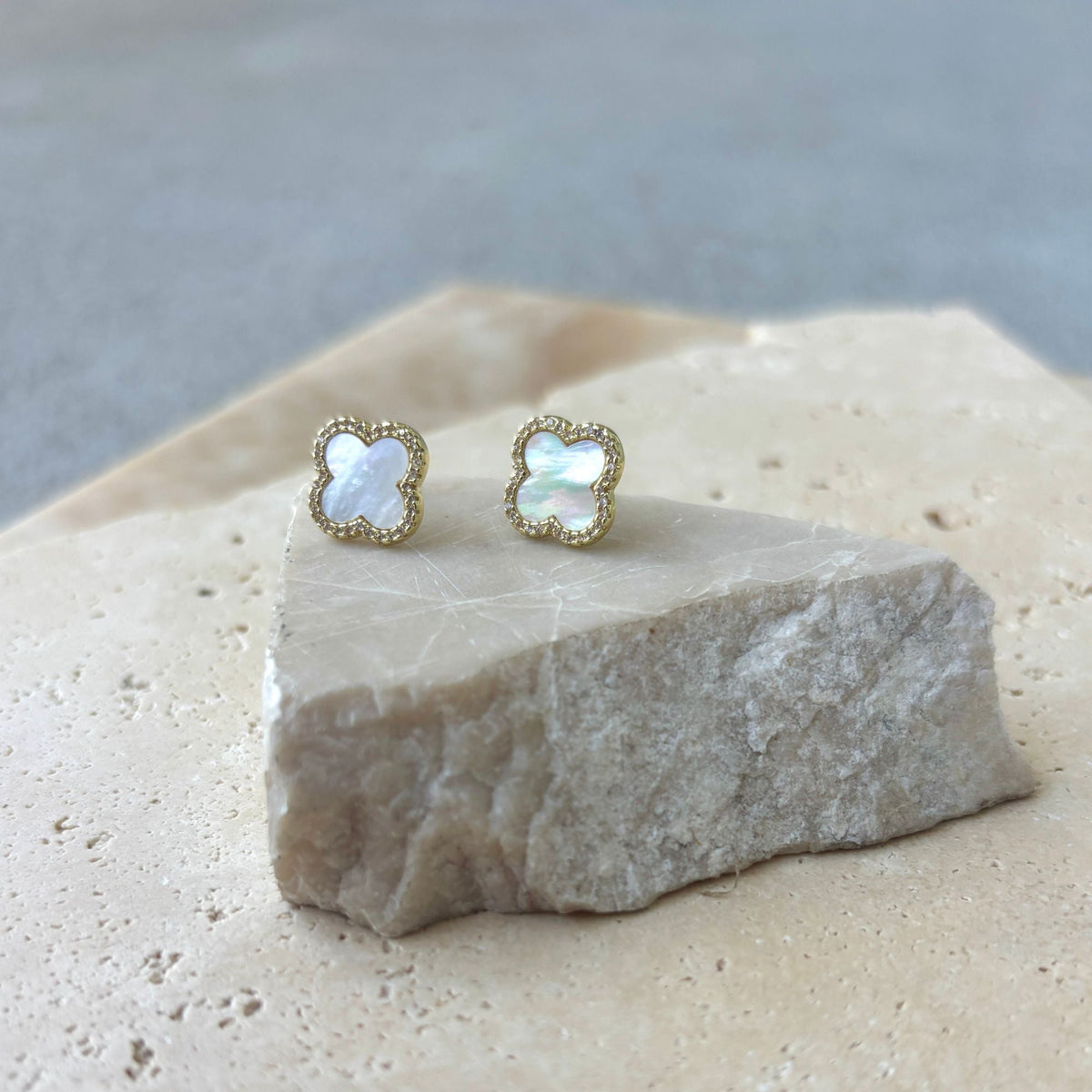 14k Gold Plated Mother of Pearl Halo CZ Clover Stud Earrings