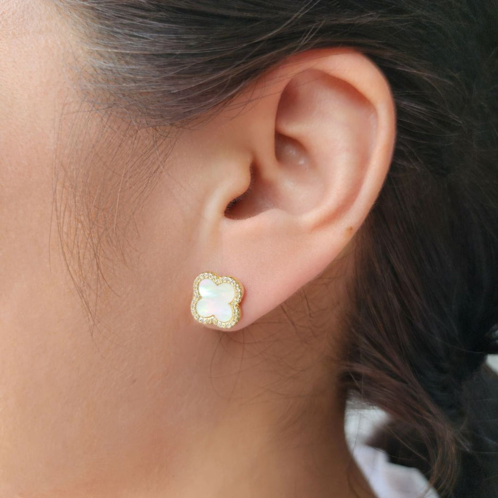 14k Gold Plated Mother of Pearl Halo CZ Clover Stud Earrings