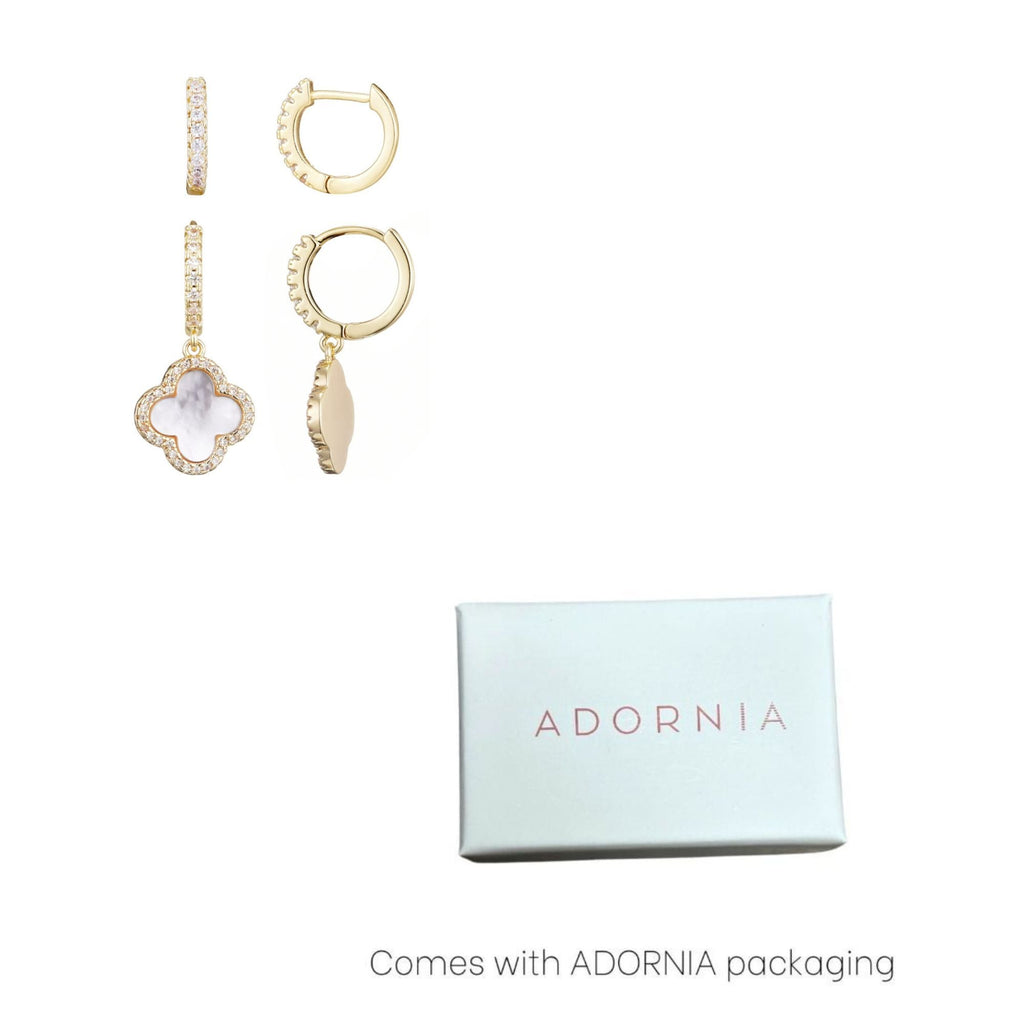 14k Gold Plated Halo White Mother of Pearl Clover CZ Huggie Set