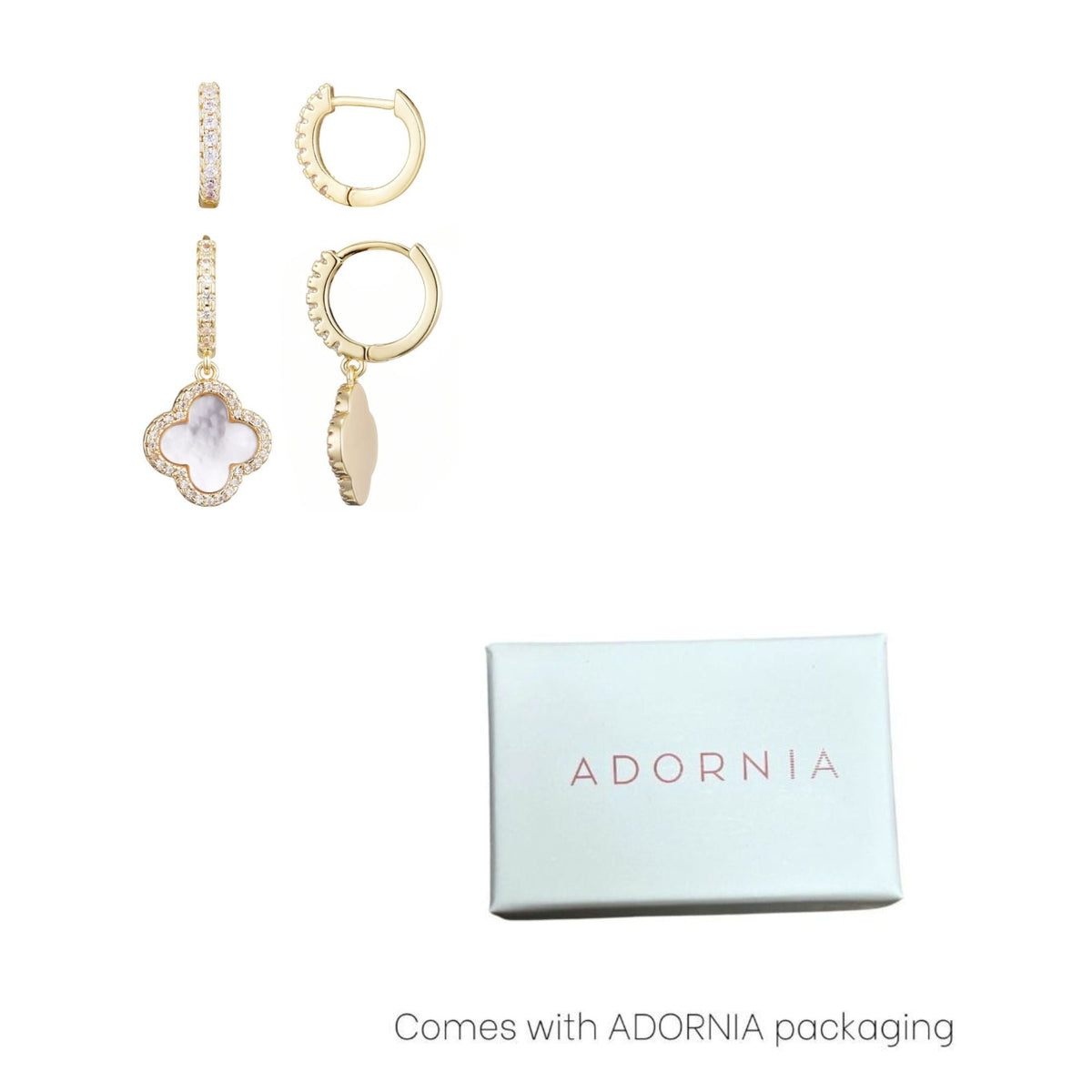 14k Gold Plated Halo White Mother of Pearl Clover CZ Huggie Set