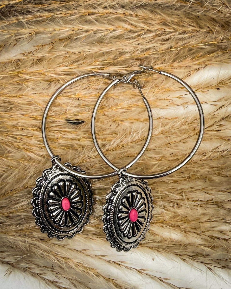 Calypso Concho Fashion Hoop Earrings in Hot Pink